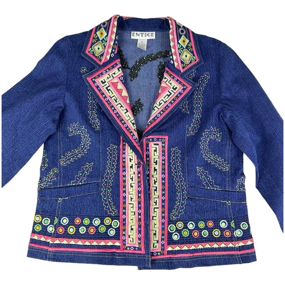 Vintage Y2K Entice Embroidered Dark Blue Denim Jean Jacket Blazer Hippie Medium - Picture 6 of 16